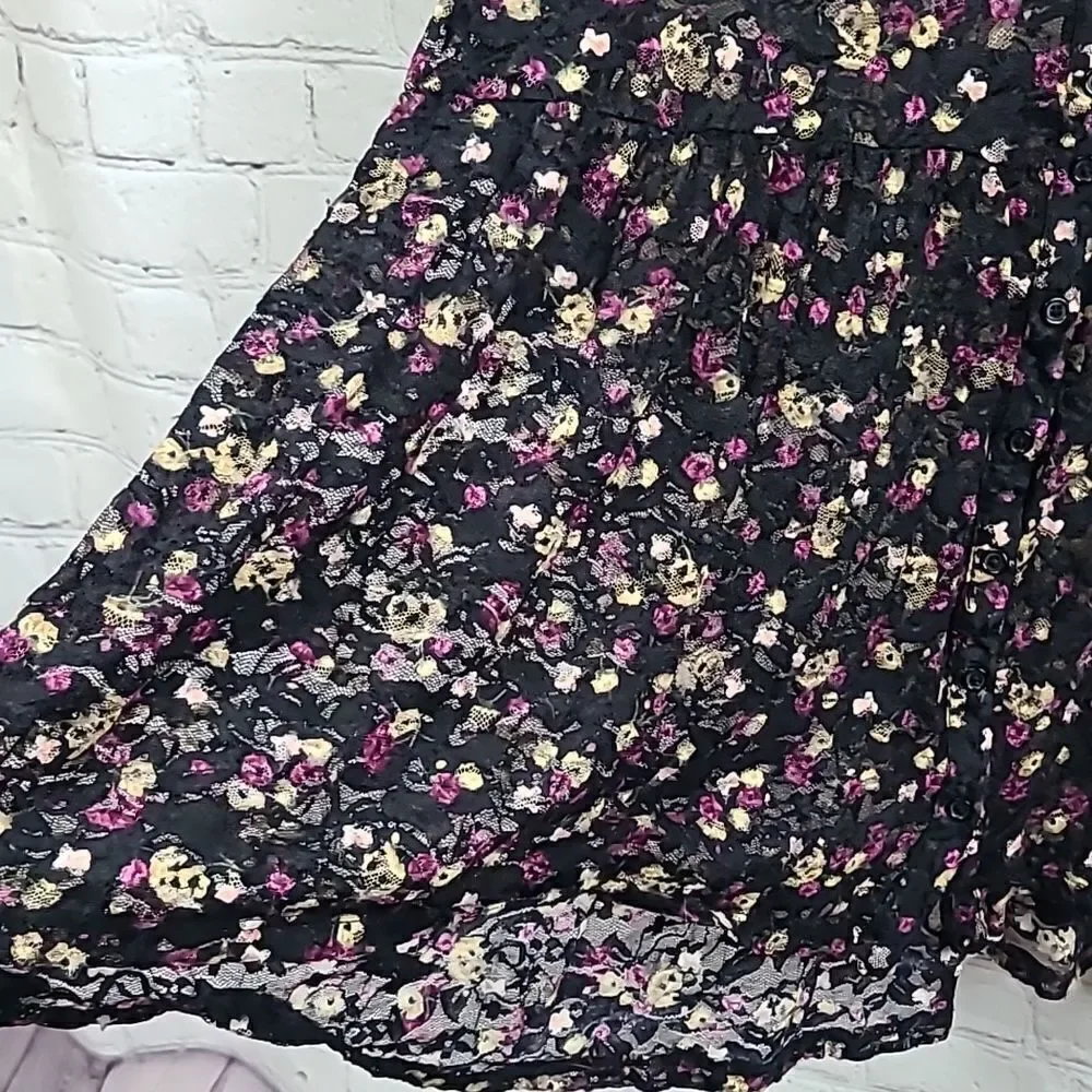 Torrid Floral Lace Peplum Blouse 2X Black Semi Sheer Babydoll Button Front Top